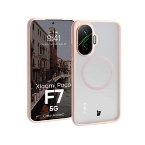 Etui z pierścieniem magnetycznym Bizon Case MatteO do Xiaomi POCO F7 przydymione-różowe