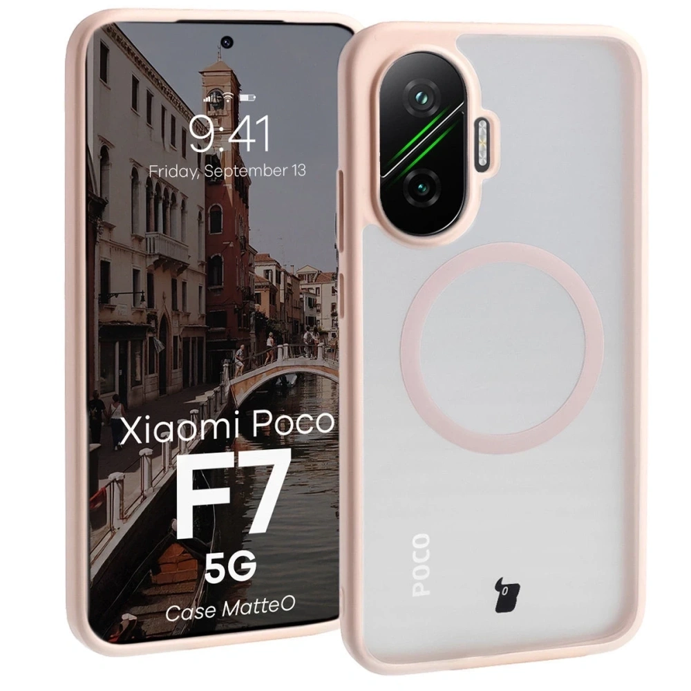 Etui z pierścieniem magnetycznym Bizon Case MatteO do Xiaomi POCO F7 przydymione-różowe