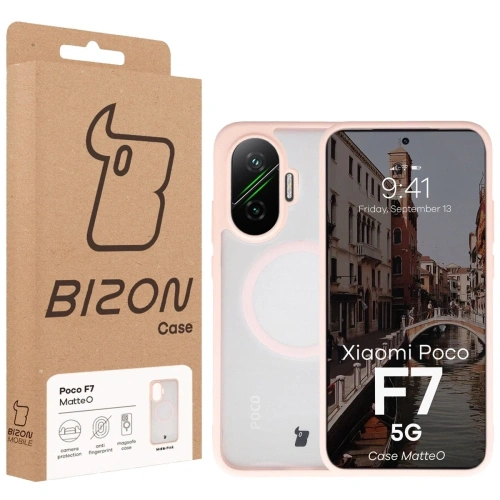 Etui z pierścieniem magnetycznym Bizon Case MatteO do Xiaomi POCO F7 przydymione-różowe