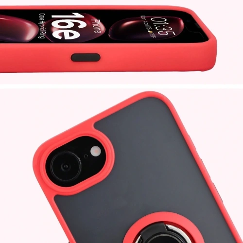Etui z uchwytem na palec Bizon Case Hybrid Ring do Apple iPhone 16e przydymione z czerwoną ramką