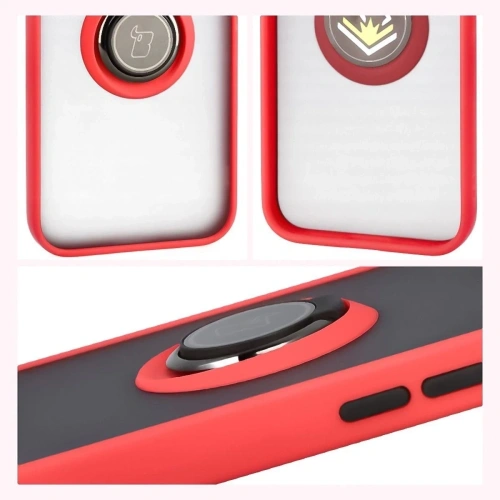 Etui z uchwytem na palec Bizon Case Hybrid Ring do Apple iPhone 16e przydymione z czerwoną ramką