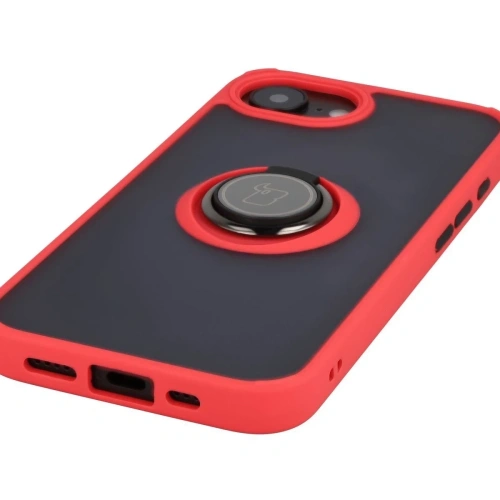 Etui z uchwytem na palec Bizon Case Hybrid Ring do Apple iPhone 16e przydymione z czerwoną ramką