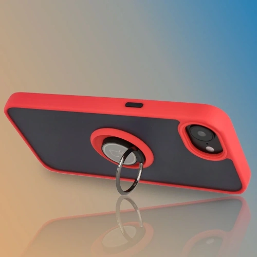 Etui z uchwytem na palec Bizon Case Hybrid Ring do Apple iPhone 16e przydymione z czerwoną ramką