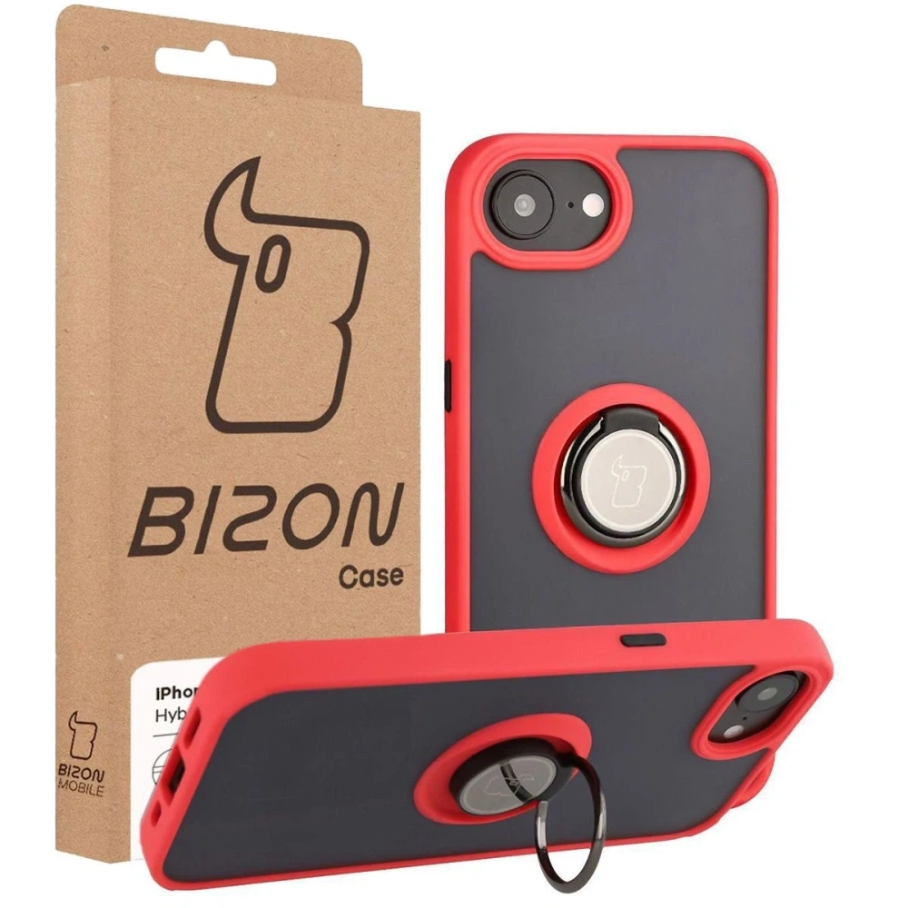 Etui z uchwytem na palec Bizon Case Hybrid Ring do Apple iPhone 16e przydymione z czerwoną ramką