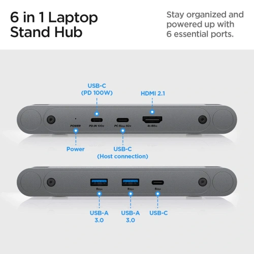 Stojak Spigen LD204H Laptop Stand USB-C Hub 6w1: 100W ładowanie, HDMI 4K, 2x USB-A, transfer 5Gb/s Space Grey