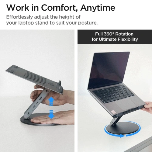 Stojak Spigen LD204H Laptop Stand USB-C Hub 6w1: 100W ładowanie, HDMI 4K, 2x USB-A, transfer 5Gb/s Space Grey