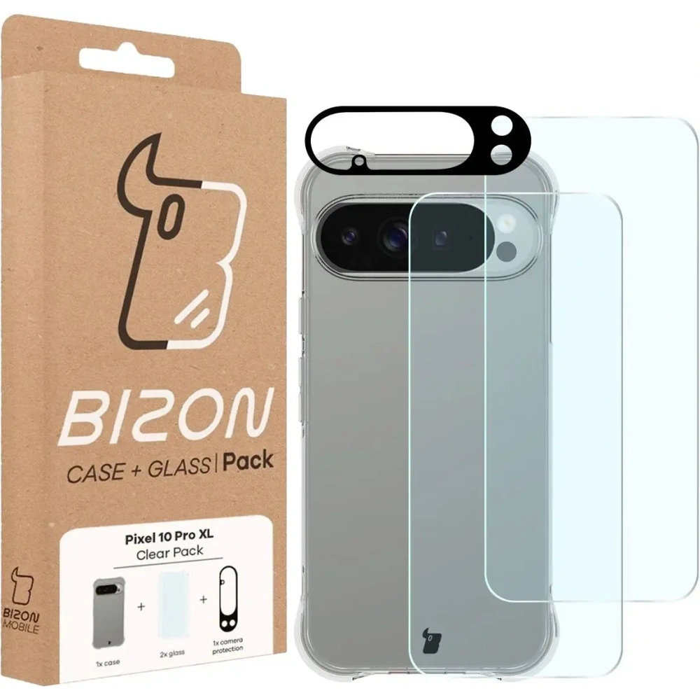 Etui + 2x szkło hartowane + szkiełko na obiektyw Bizon Case Clear Pack do Google Pixel 10 Pro XL Etui + 2x szkło hartowane + szkiełko na obiektyw Bizon Case Clear Pack do Google Pixel 10 Pro XL