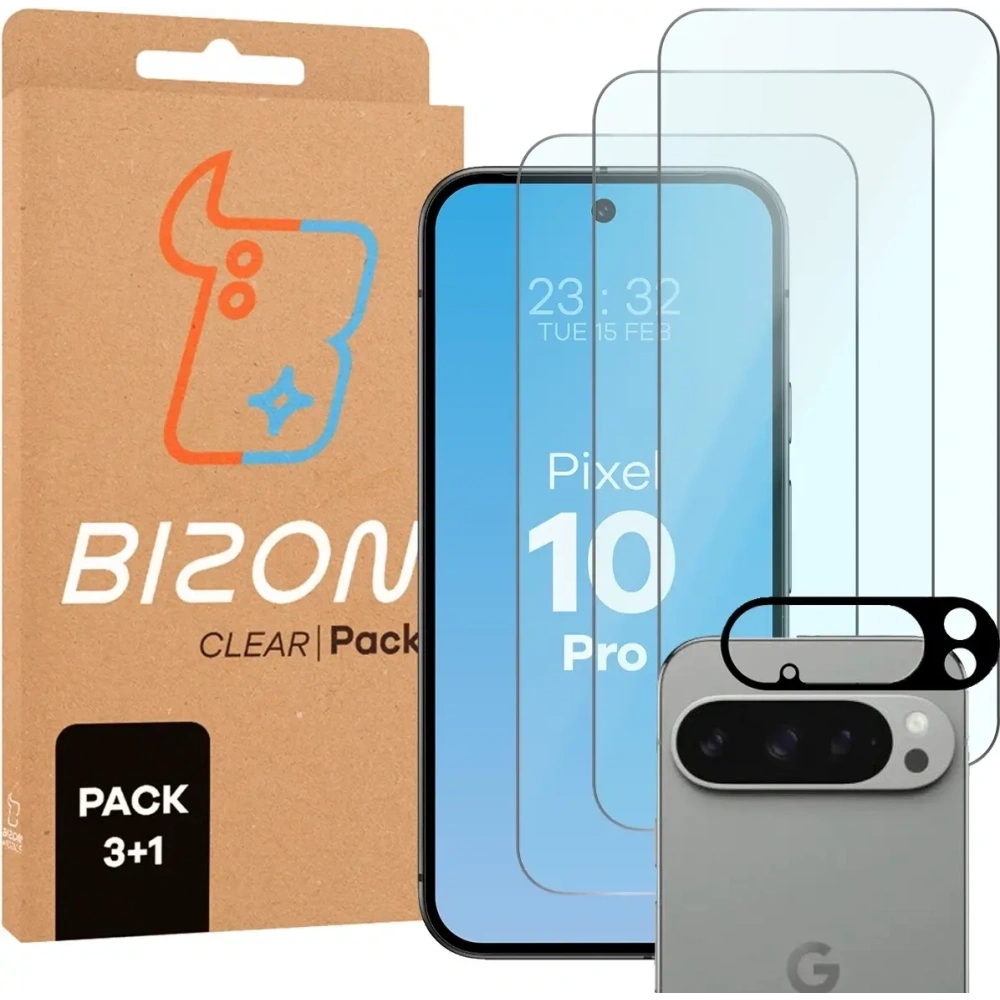 3x Szkło na ekran + szkło na aparat Bizon Glass Clear Pack do Google Pixel 10 Pro