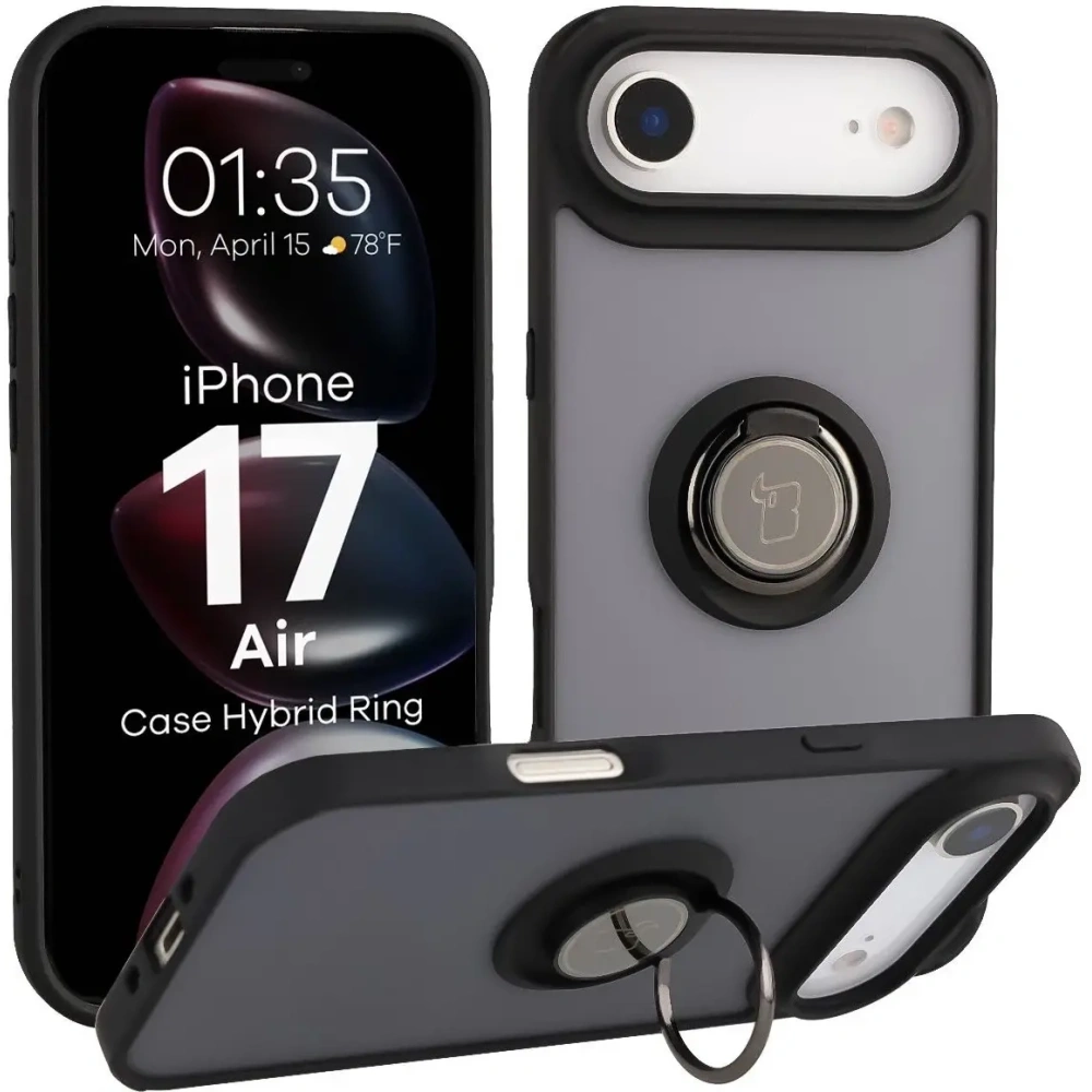 Etui z uchwytem na palec Bizon Case Hybrid Ring do Apple iPhone 17 Air przydymione z czarną ramką