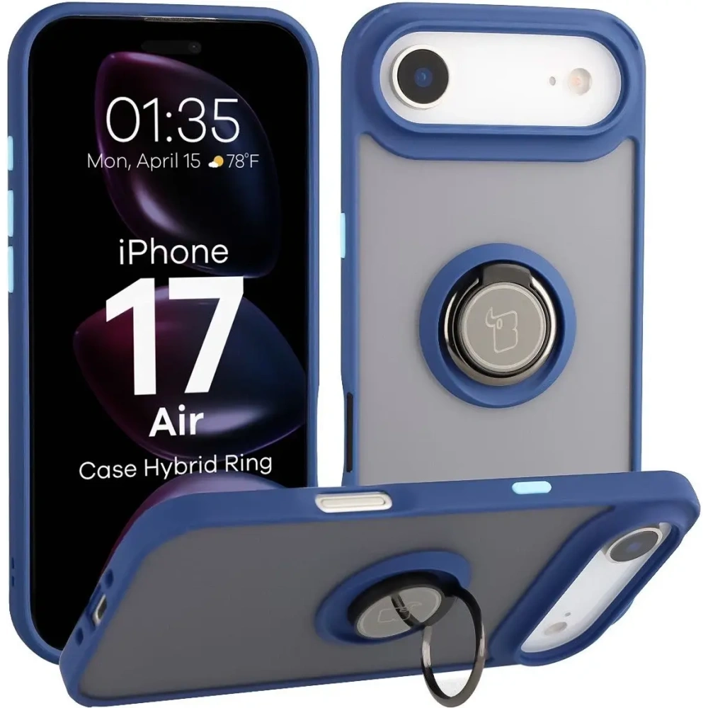 Etui z uchwytem na palec Bizon Case Hybrid Ring do Apple iPhone 17 Air przydymione z granatową ramką