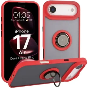 Etui z uchwytem na palec Bizon Case Hybrid Ring do Apple iPhone 17 Air przydymione z czerwoną ramką