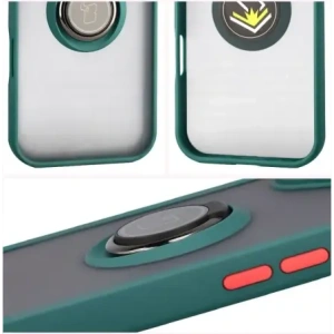 Etui z uchwytem na palec Bizon Case Hybrid Ring do Apple iPhone 17 przydymione z ciemnozieloną ramką