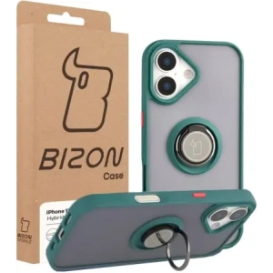 Etui z uchwytem na palec Bizon Case Hybrid Ring do Apple iPhone 17 przydymione z ciemnozieloną ramką