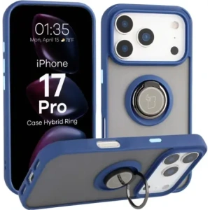Etui z uchwytem na palec Bizon Case Hybrid Ring do Apple iPhone 17 Pro przydymione z granatową ramką