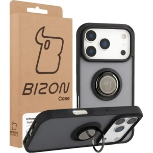 Etui z uchwytem na palec Bizon Case Hybrid Ring do Apple iPhone 17 Pro przydymione z czarną ramką