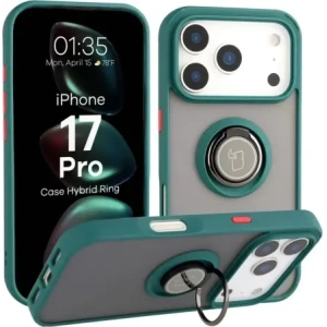 Etui z uchwytem na palec Bizon Case Hybrid Ring do Apple iPhone 17 Pro przydymione z ciemnozieloną ramką