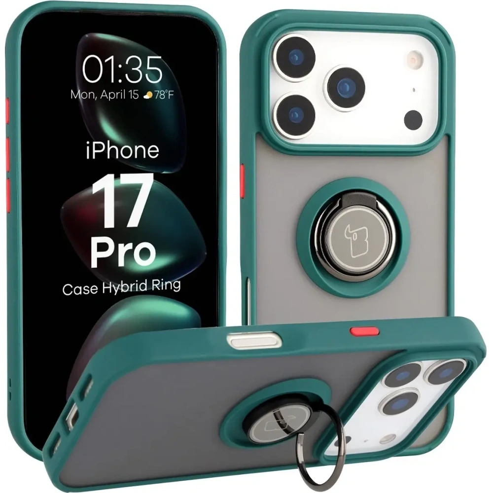 Etui z uchwytem na palec Bizon Case Hybrid Ring do Apple iPhone 17 Pro przydymione z ciemnozieloną ramką