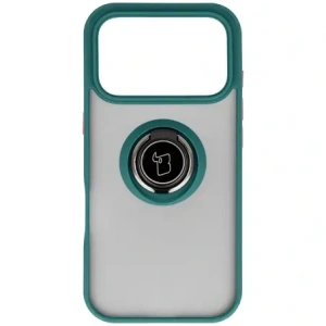 Etui z uchwytem na palec Bizon Case Hybrid Ring do Apple iPhone 17 Pro przydymione z ciemnozieloną ramką