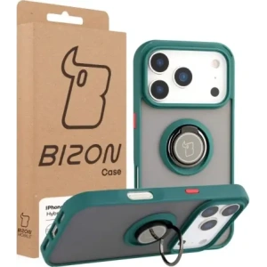 Etui z uchwytem na palec Bizon Case Hybrid Ring do Apple iPhone 17 Pro przydymione z ciemnozieloną ramką