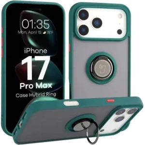 Etui z uchwytem na palec Bizon Case Hybrid Ring do Apple iPhone 17 Pro Max przydymione z ciemnozieloną ramką