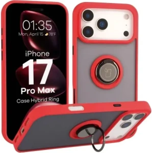 Etui z uchwytem na palec Bizon Case Hybrid Ring do Apple iPhone 17 Pro Max przydymione z czerwoną ramką