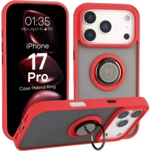 Etui z uchwytem na palec Bizon Case Hybrid Ring do Apple iPhone 17 Pro przydymione z czerwoną ramką