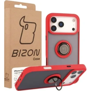 Etui z uchwytem na palec Bizon Case Hybrid Ring do Apple iPhone 17 Pro Max przydymione z czerwoną ramką
