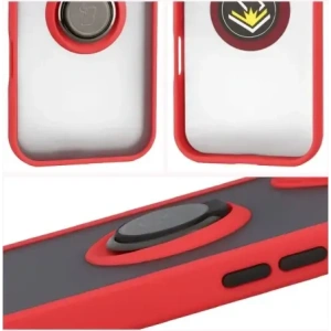 Etui z uchwytem na palec Bizon Case Hybrid Ring do Apple iPhone 17 przydymione z czerwoną ramką