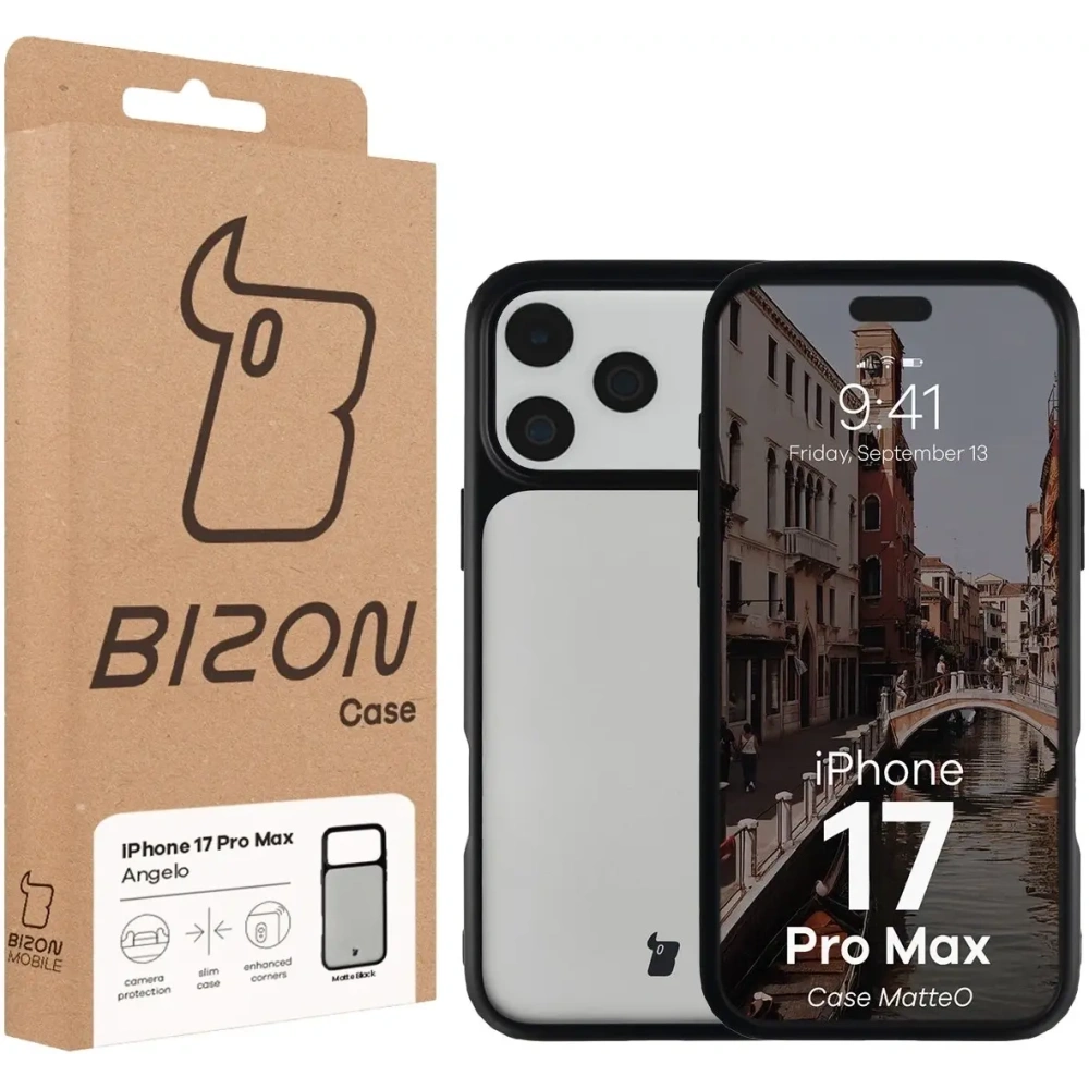 Etui Bizon Case Angelo do Apple iPhone 17 Pro Max przydymione z czarną ramką
