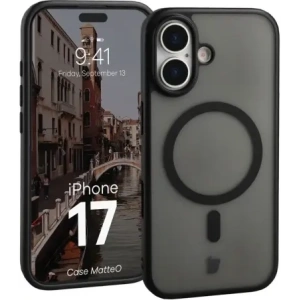 Etui z pierścieniem magnetycznym Bizon Case MatteO do Apple iPhone 17 przydymione-czarne