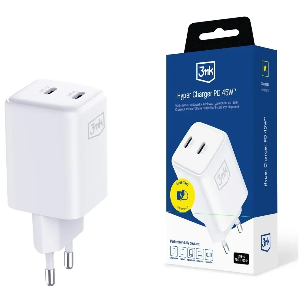 Ładowarka sieciowa 3MK Hyper Charger PD 45W GaN QC4+ PPS 2C Super-Fast Charge 2.0 biały