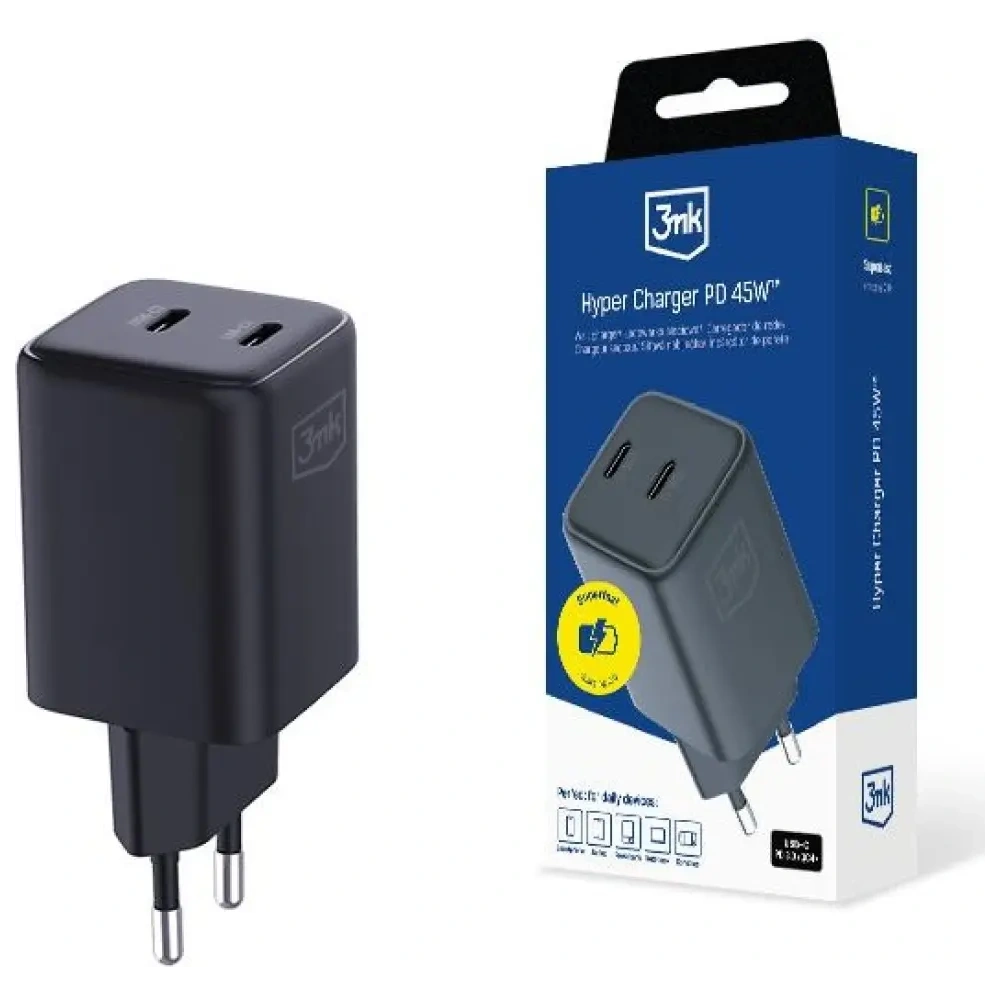 Ładowarka sieciowa 3MK Hyper Charger PD 45W GaN QC4+ PPS 2C Super-Fast Charge 2.0 czarny
