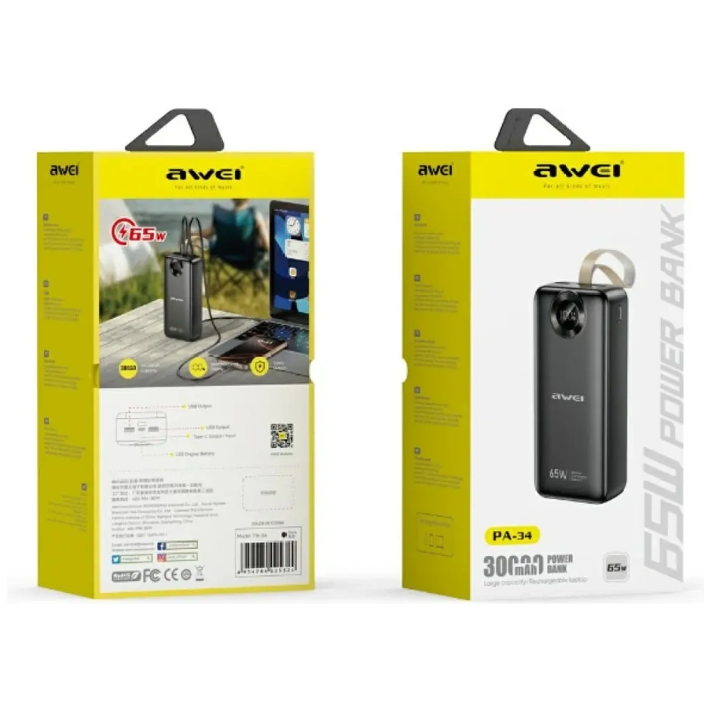 Powerbank AWEI PA-34 30000mAh 65W Fast charging czarny