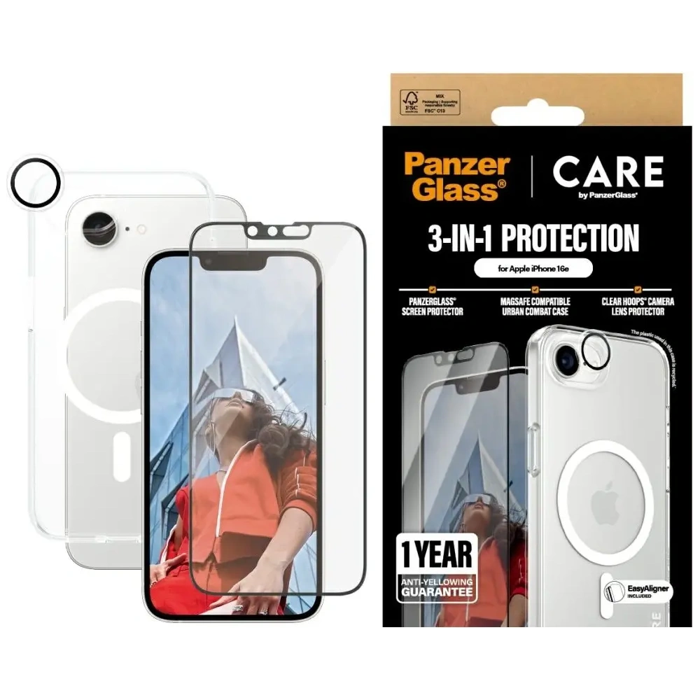 Zestaw ochronny 3w1 etui + szkło na ekran + szkło na aparat CARE by PanzerGlass Flagship do Apple iPhone 16e