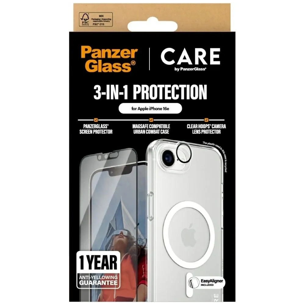 Zestaw ochronny 3w1 etui + szkło na ekran + szkło na aparat CARE by PanzerGlass Flagship do Apple iPhone 16e