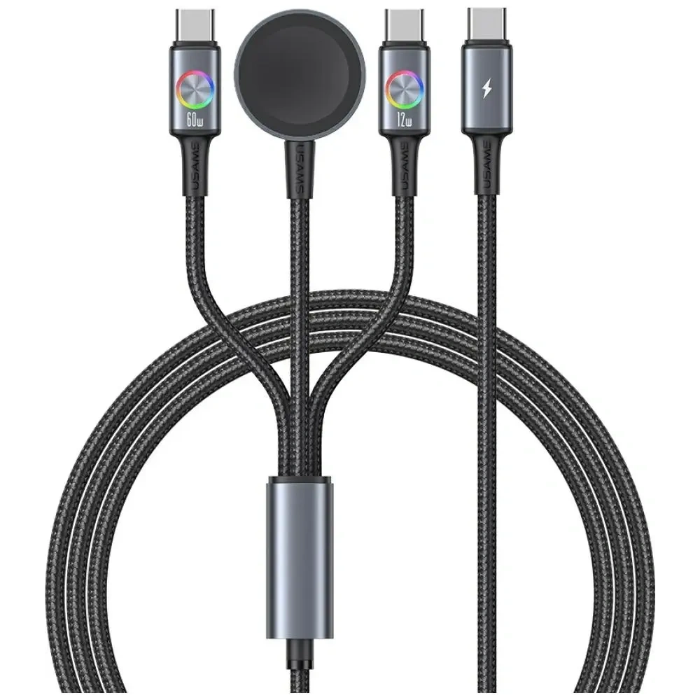 Kabel USAMS Huan Series SJ754 3w1 72W USB-C / USB-C 60W, USB-C 12W + ładowarka do zegarka 2.5W tarnish
