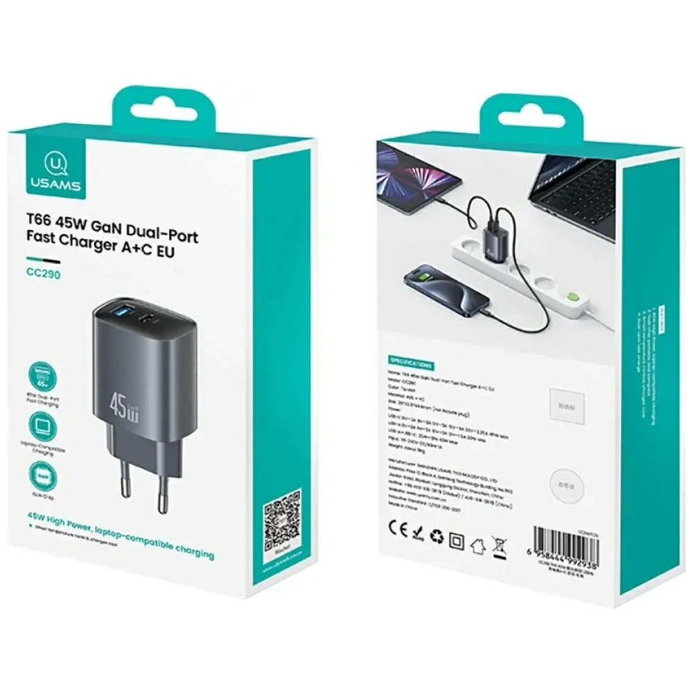 Ładowarka sieciowa USAMS CC290 T66 45W GaN USB-A, USB-C tarnish