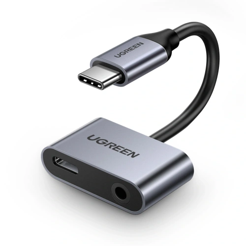 Adapter UGREEN CM193 50596 audio dwuportowy USB-C (męski) - mini jack 3.5mm / USB-C (żeński) szary