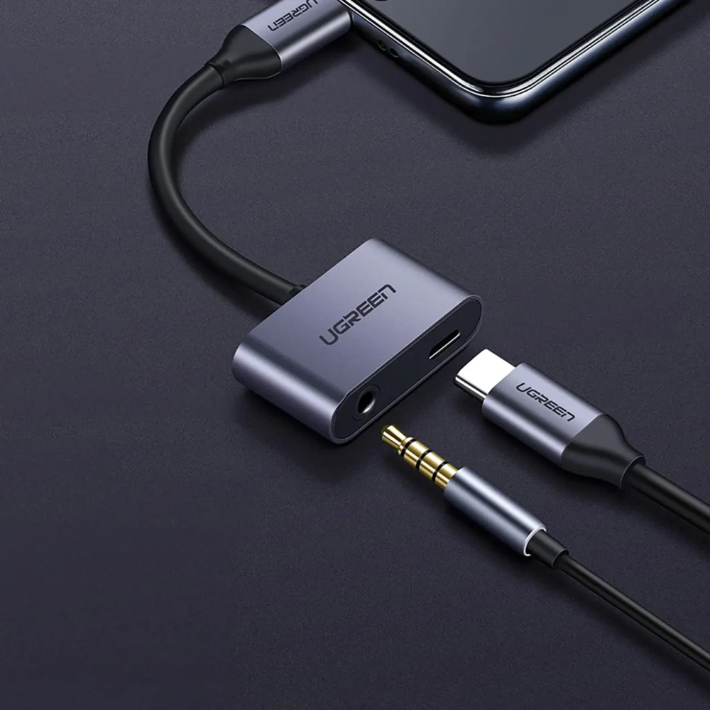 Adapter UGREEN CM193 50596 audio dwuportowy USB-C (męski) - mini jack 3.5mm / USB-C (żeński) szary