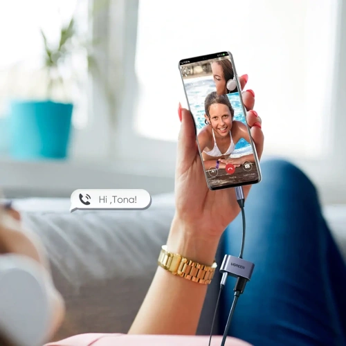 Adapter UGREEN CM193 50596 audio dwuportowy USB-C (męski) - mini jack 3.5mm / USB-C (żeński) szary