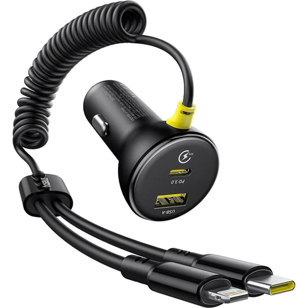Ładowarka samochodowa Baseus Circular 60W USB-A, USB-C z wbudowanym kablem Lightning, USB-C 1.4m czarna