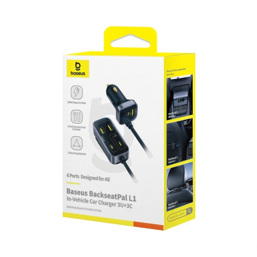 Ładowarka samochodowa Baseus BackseatPal L1 110W 3xUSB-A, 3xUSB-C z przedłużaczem 1.5m czarna