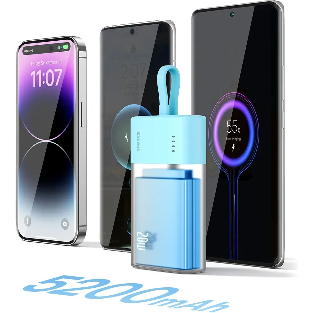 Powerbank Baseus Popsicle 5200mAh 20W z wbudowanym kablem Lightning + kabel Baseus Simple USB-C / USB-C 60W/20V/3A/30cm niebiesko-pomarańczowy