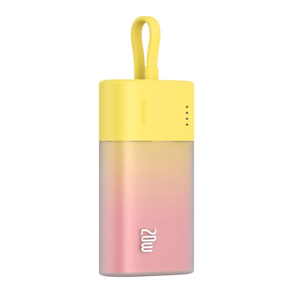 Powerbank Baseus Popsicle 5200mAh 20W z wbudowanym kablem Lightning + kabel Baseus Simple USB-C / USB-C 60W/20V/3A/30cm zółto-różowy