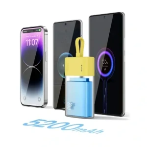 Powerbank Baseus Popsicle 5200mAh 20W z wbudowanym kablem Lightning + kabel Baseus Simple USB-C / USB-C 60W/20V/3A/30cm zółto-różowy