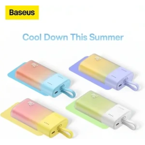 Powerbank Baseus Popsicle 5200mAh 20W z wbudowanym kablem Lightning + kabel Baseus Simple USB-C / USB-C 60W/20V/3A/30cm zółto-różowy