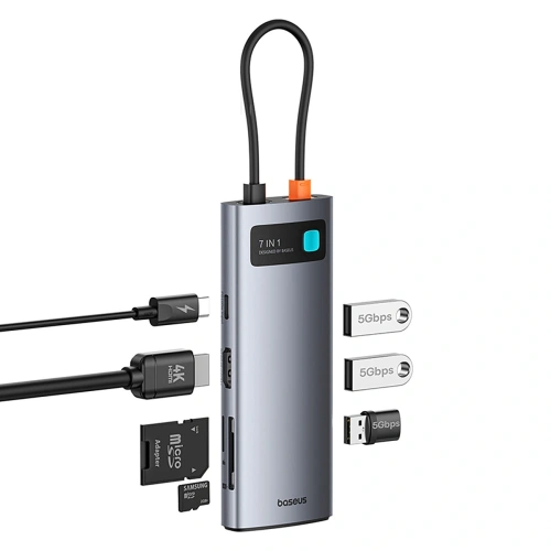 HUB Baseus Metal Gleam USB-C / HDMI 4K 60Hz, 3xUSB-A 3.0, USB-C PD, SD, microSD szary