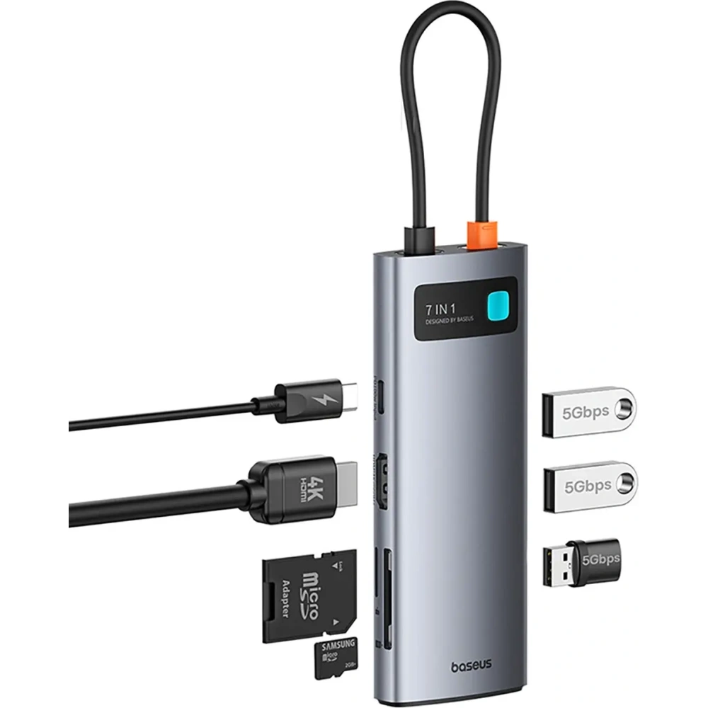 HUB Baseus Metal Gleam USB-C / HDMI 4K 60Hz, 3xUSB-A 3.0, USB-C PD, SD, microSD szary