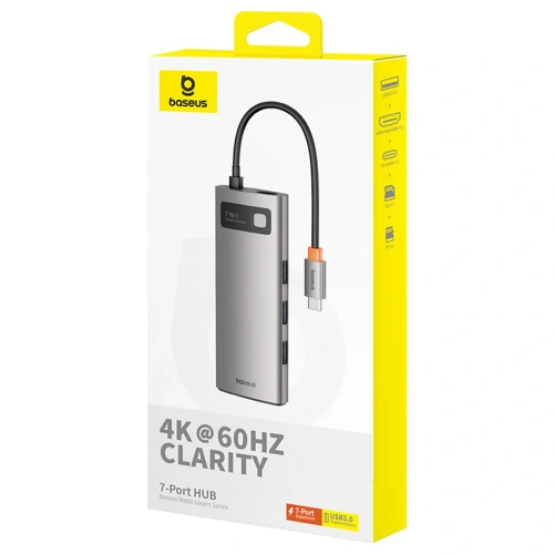 HUB Baseus Metal Gleam USB-C / HDMI 4K 60Hz, 3xUSB-A 3.0, USB-C PD, SD, microSD szary