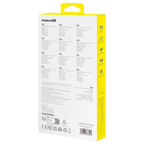 HUB Baseus Metal Gleam USB-C / HDMI 4K 60Hz, 3xUSB-A 3.0, USB-C PD, SD, microSD szary